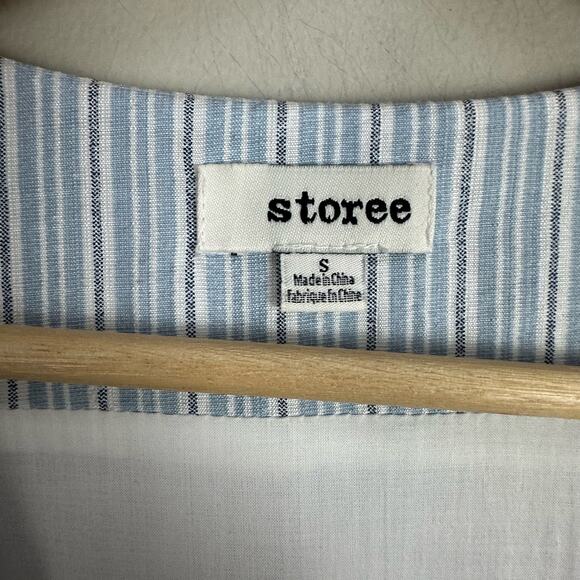 Storee Blue White Stripe Button Front Tie Waist Plunging Midi Flutter Dress S - Picture 8 of 11